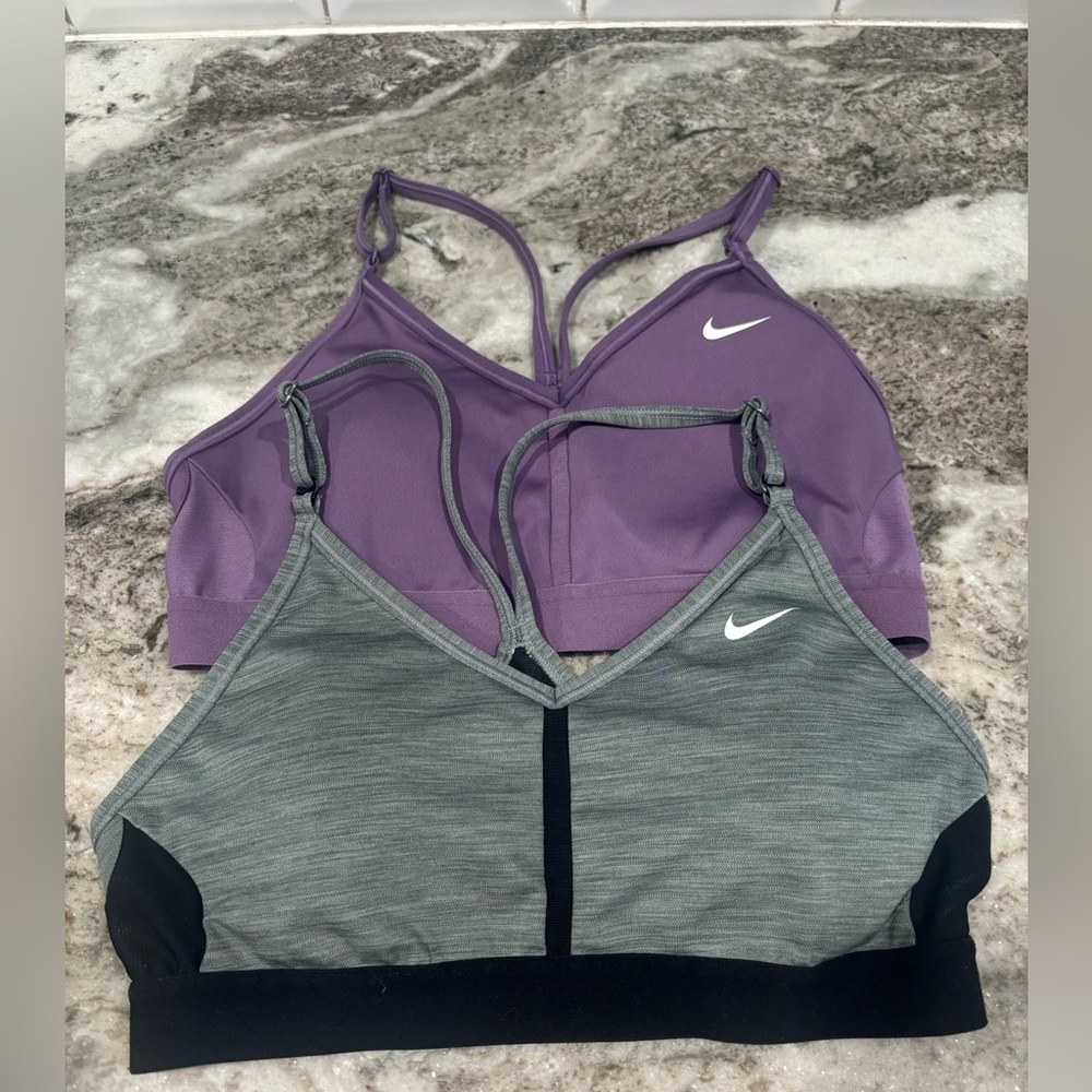 Nike Dri-Fit Indy, Bra, one is gray with black and the other is purple, size: M
